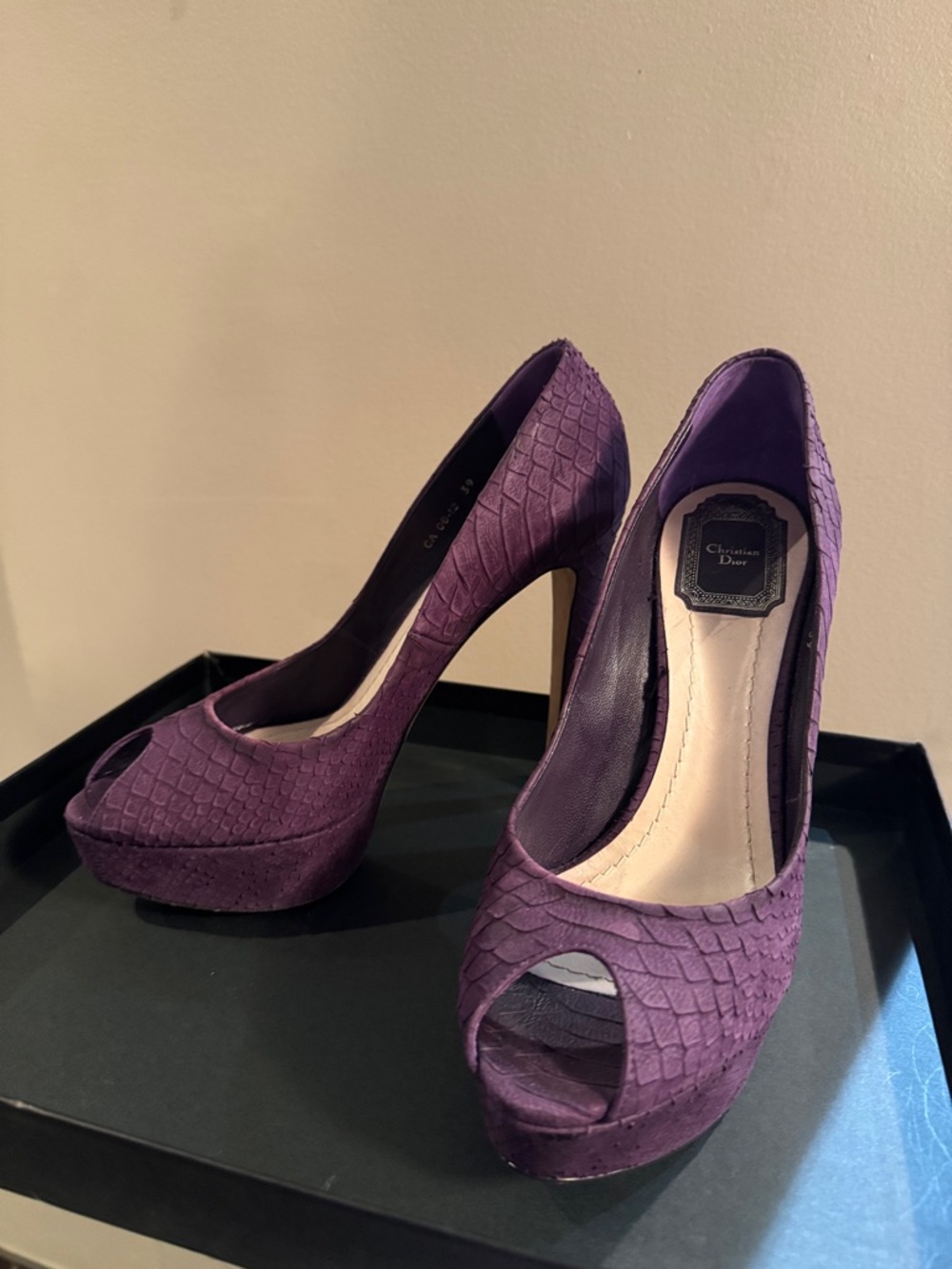 Dior Purple Textured Peep-Toe Platform Stilettos - Picture 2 of 5